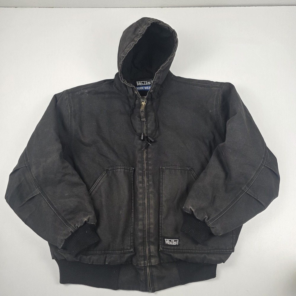 VTG Walls Work Wear Jacket Mens XL Black Canvas Hooded Insulated Bomber Workwear